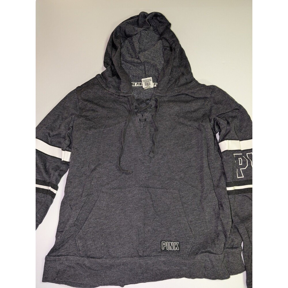 Victoria's Secret PINK Lace Up Hooded Sweatshirt Dark Grey With Striped Sleeves